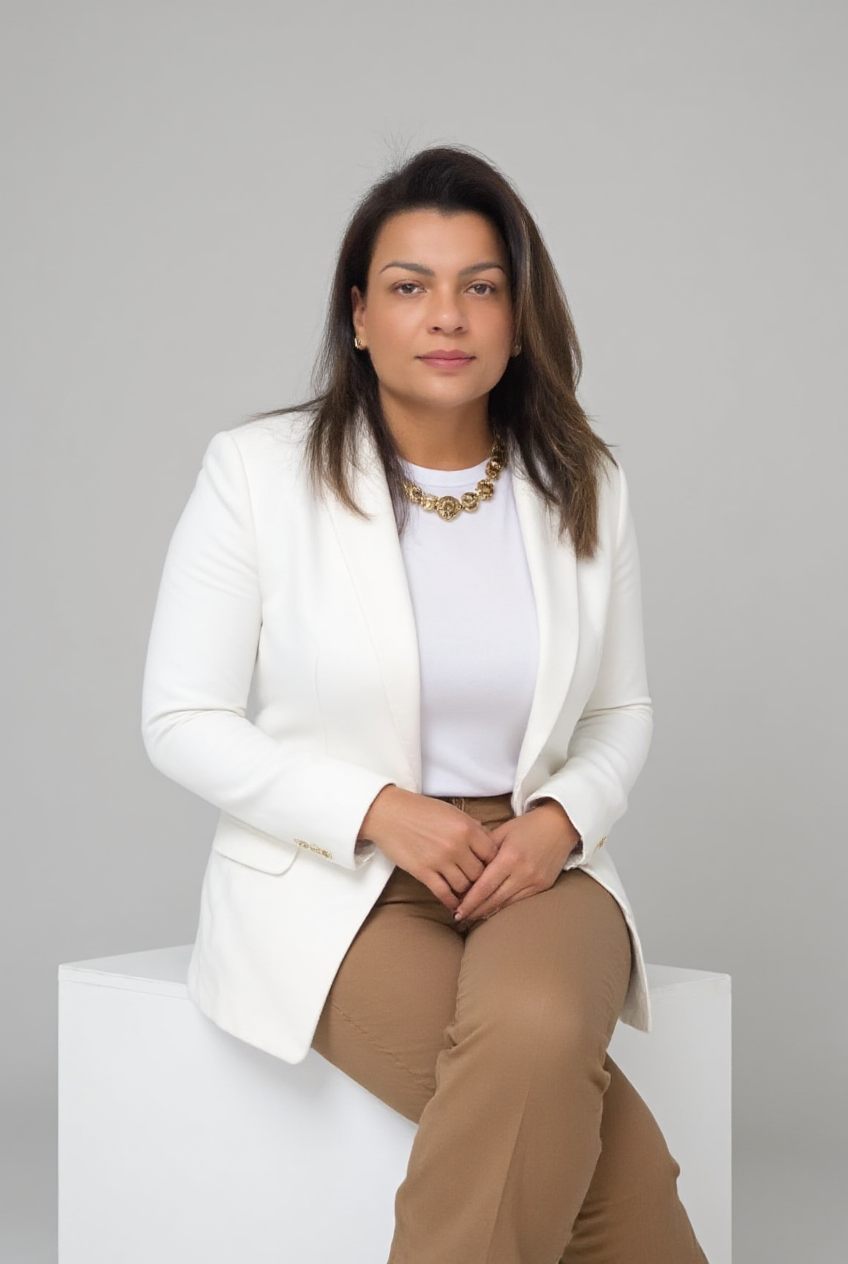 Dra. Gizele de Araújo Moçambique sentada, de blazer claro